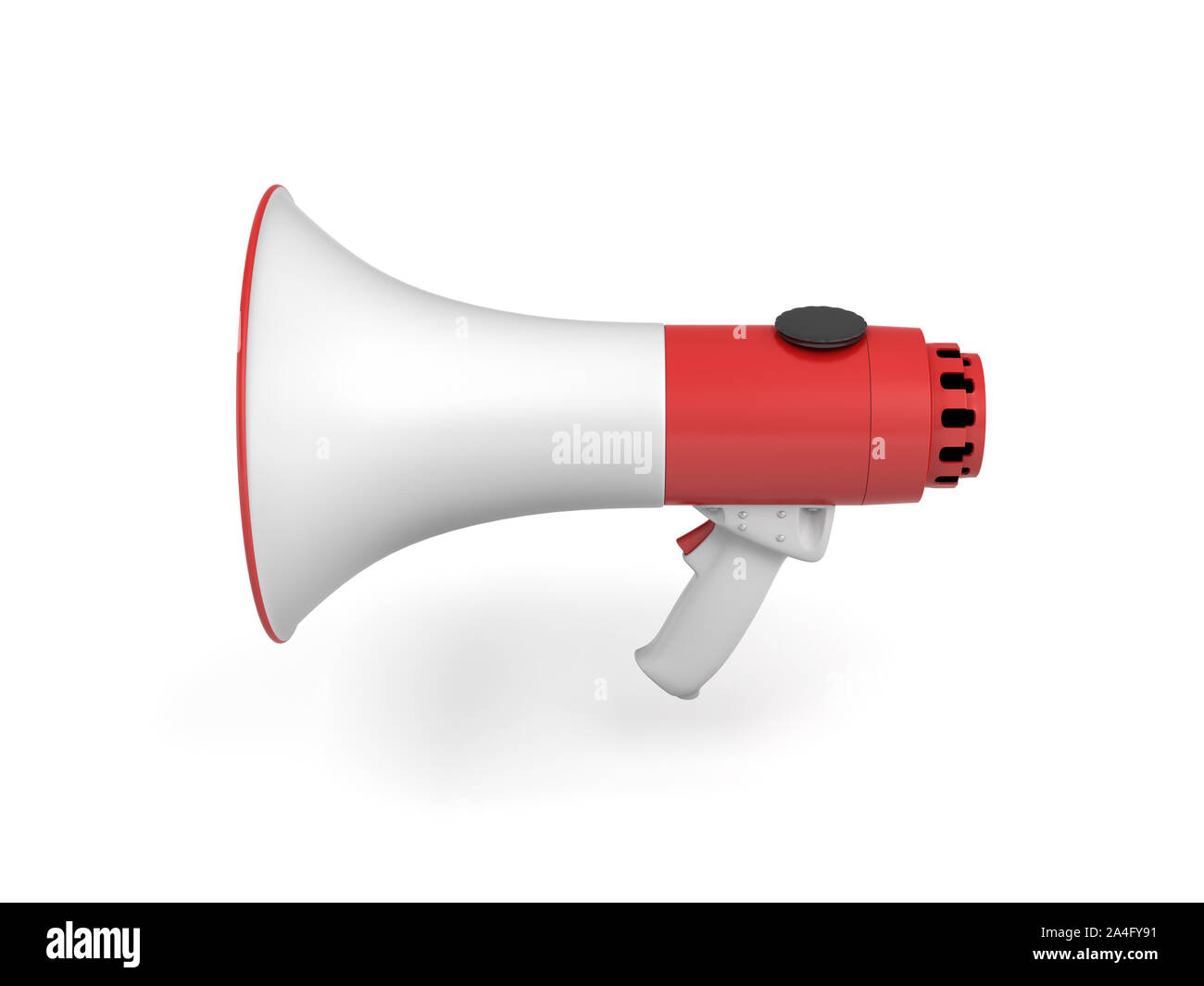 3d rendering of a single red and white megaphone isolated on white background. Public speaking. Make yourself heard. Public relations. Stock Photo