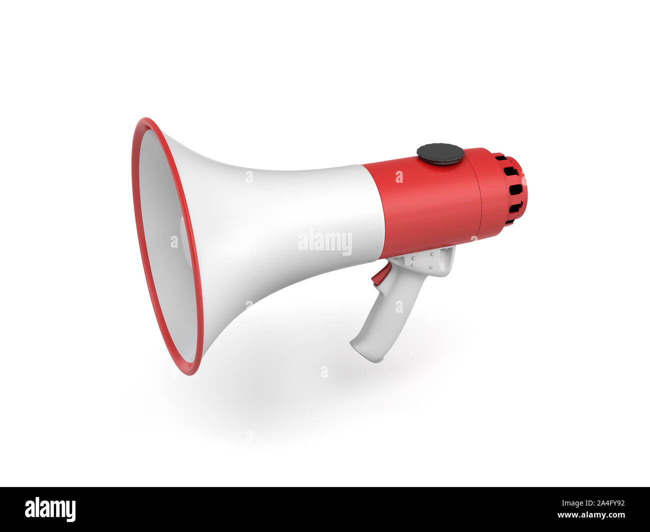 3d rendering of a single red and white megaphone isolated on white background. Public speaking. Make yourself heard. Public relations. Stock Photo