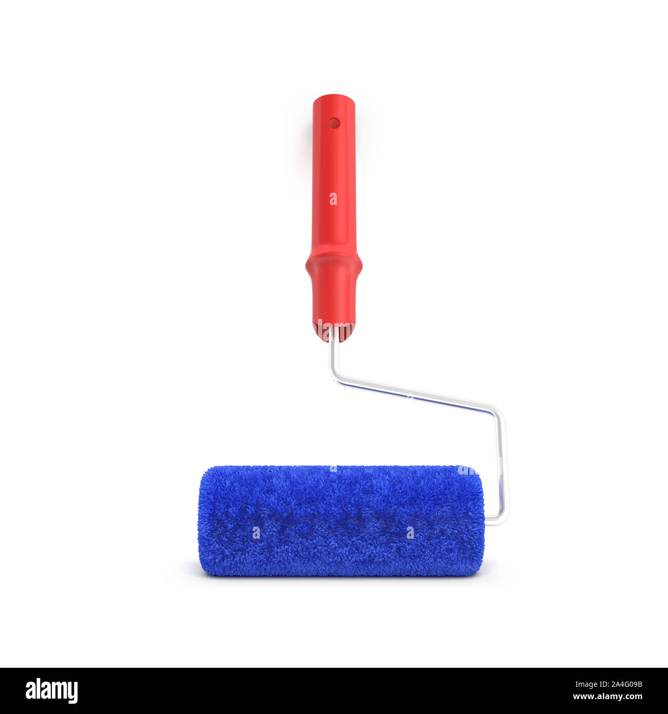 3d rendering of a single paint roller in blue and red color leaning on