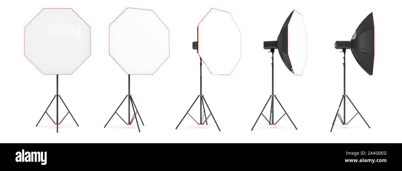 3d rendering of an octobox lighting set on a stand in different angles. Professional studio