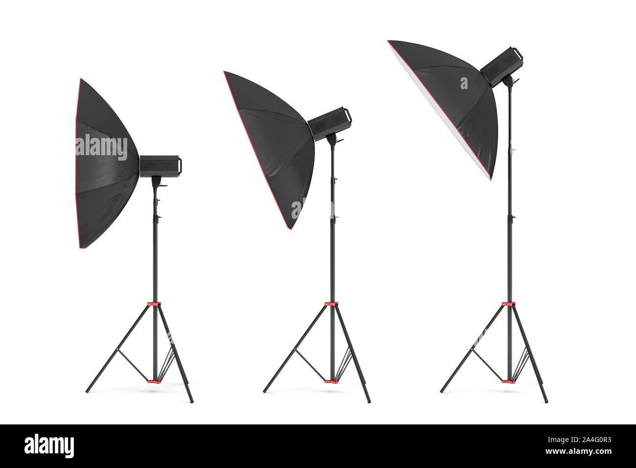 3d rendering of three large light with octoboxes stands turned down in several angles. Professional photo equipment. Light adjustment. Setting up octa Stock Photo