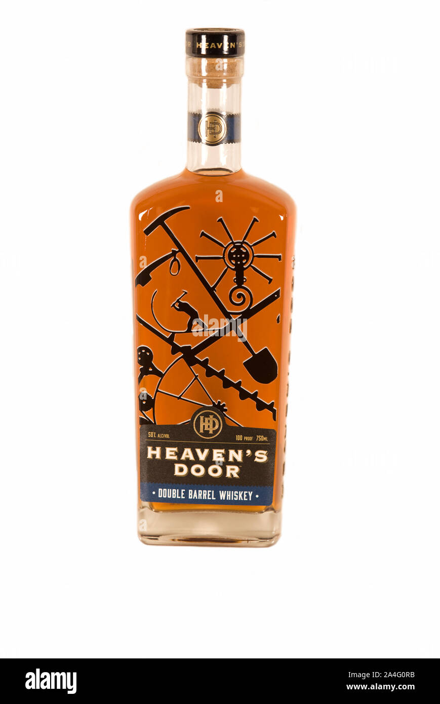A bottle of Bob Dylan's Heaven's Door Double Barrel Whiskey on isolated white background Stock