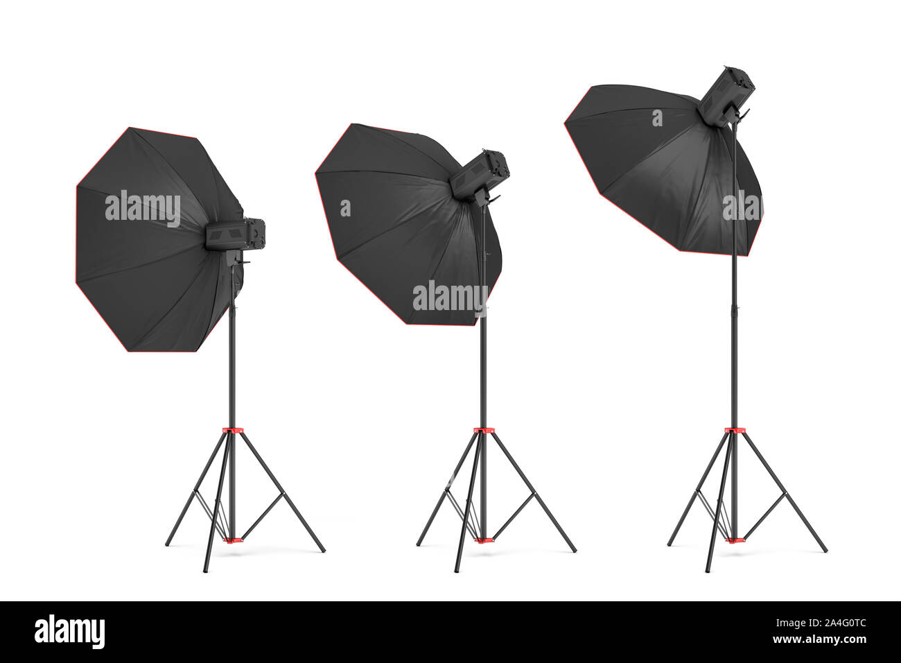3d rendering of three large light with octoboxes stands turned