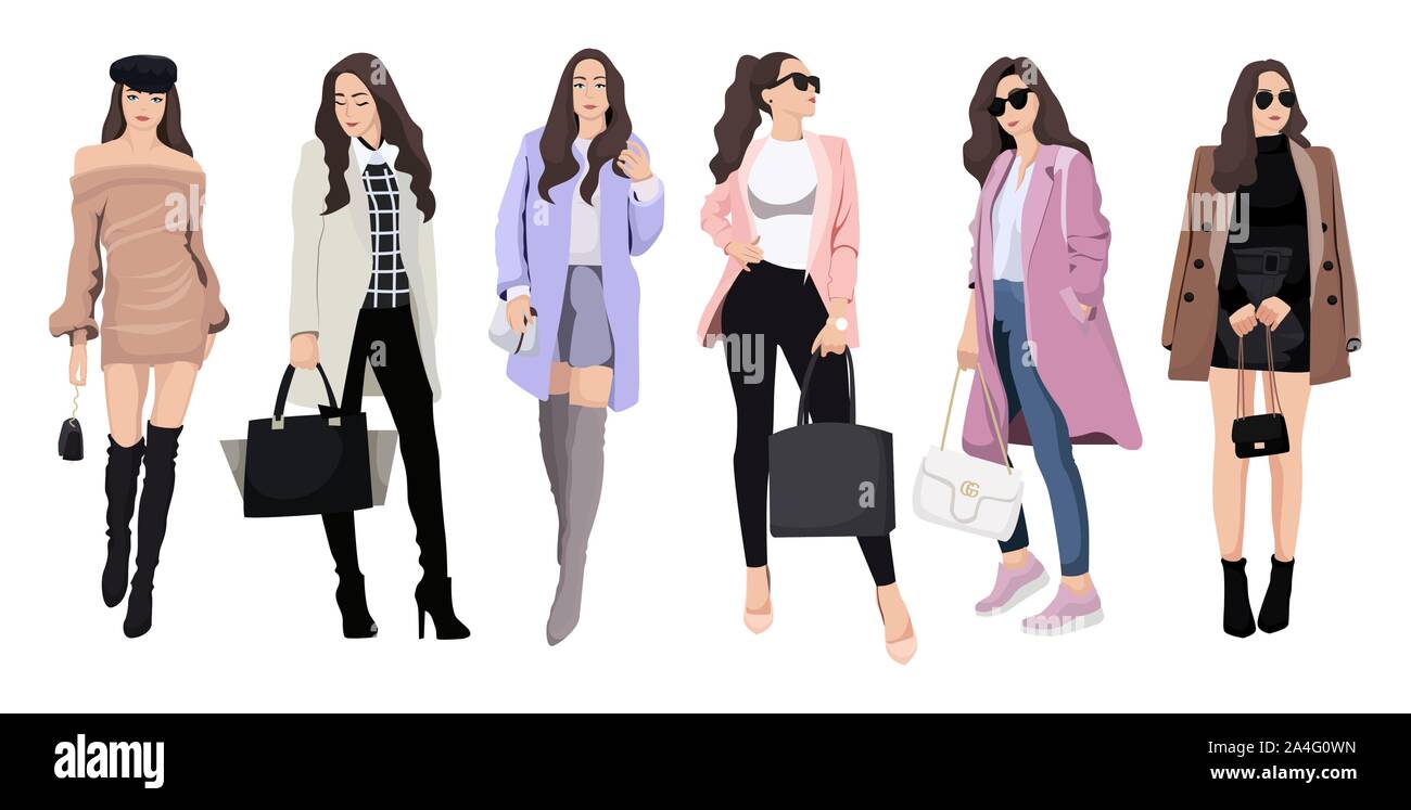 Collection of stylish young women dressed in trendy clothes