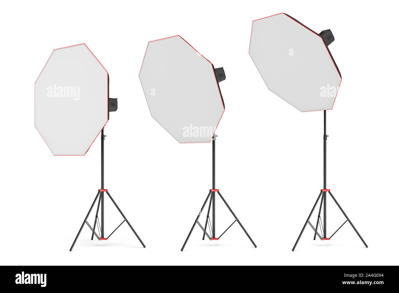 3d rendering of three large light with octoboxes stands turned down in several angles. Professional photo equipment. Light adjustment. Setting up octa Stock Photo