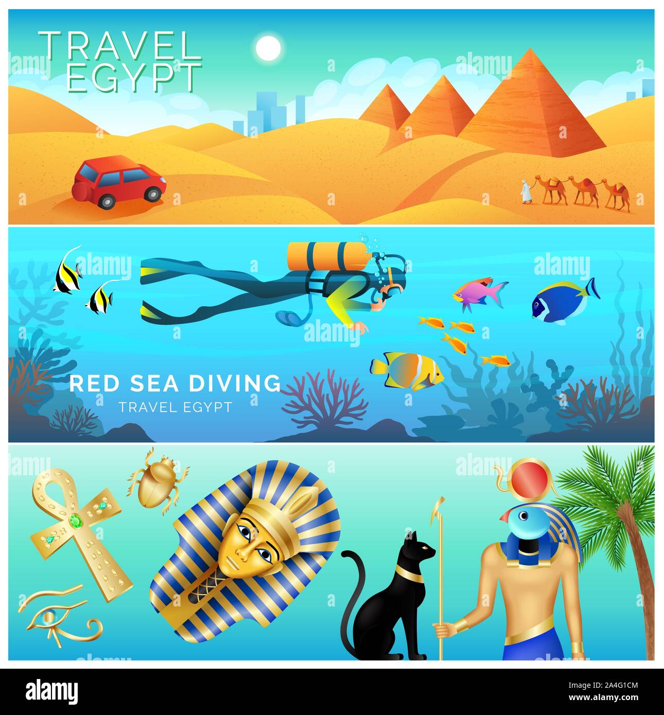 Horizontal banners set, Egypt landscape, tourism and vacation Stock Vector