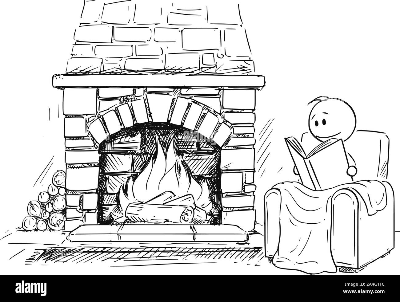 Vector cartoon stick figure drawing conceptual illustration of man siting under blanket in front of fireplace in comfortable armchair or chair and reading the book. Stock Vector