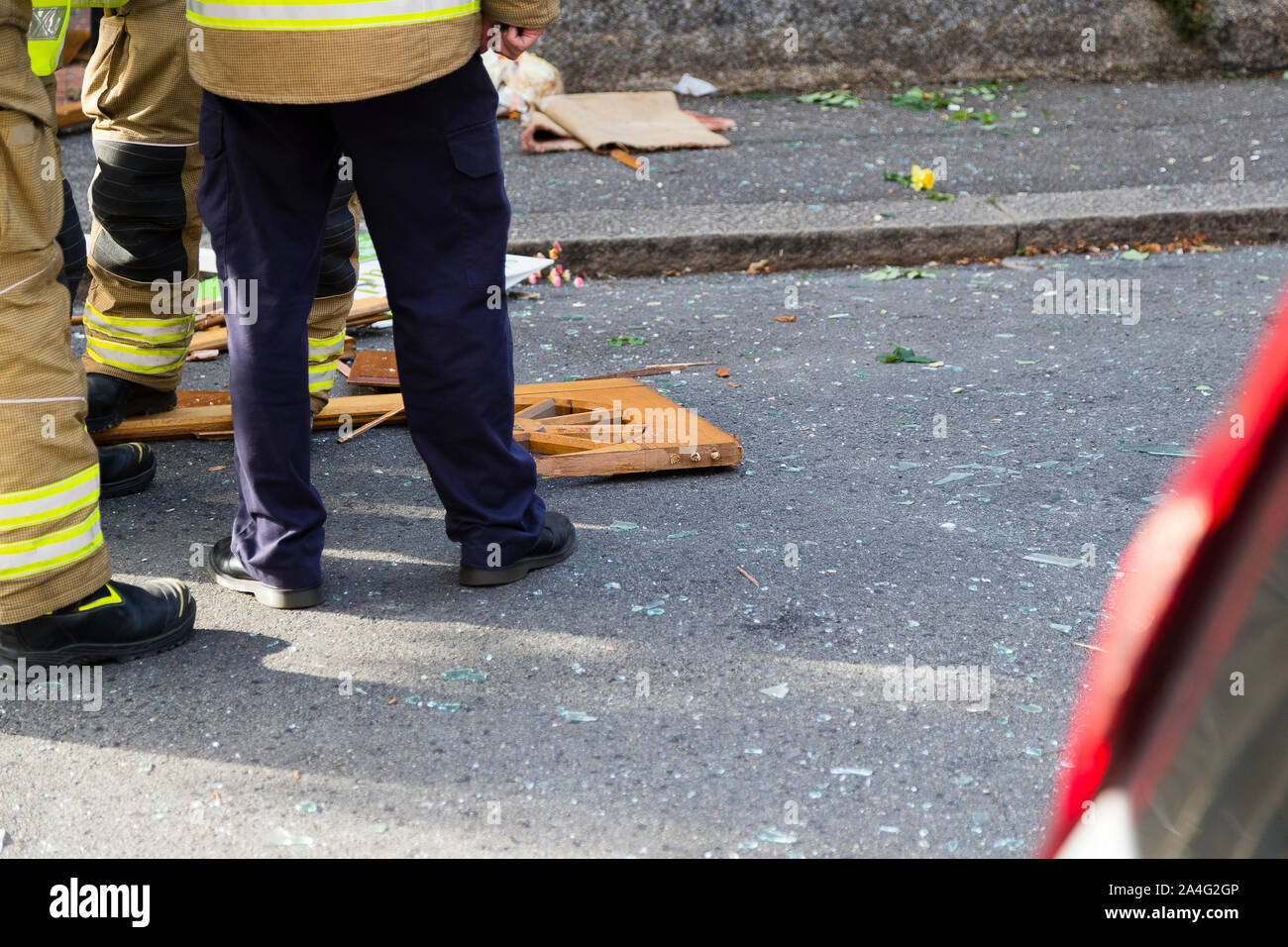 The remains of a front door blown into the street by a large gas explosion on Foxley Gardens, a residential street in south London. The house's reside Stock Photo