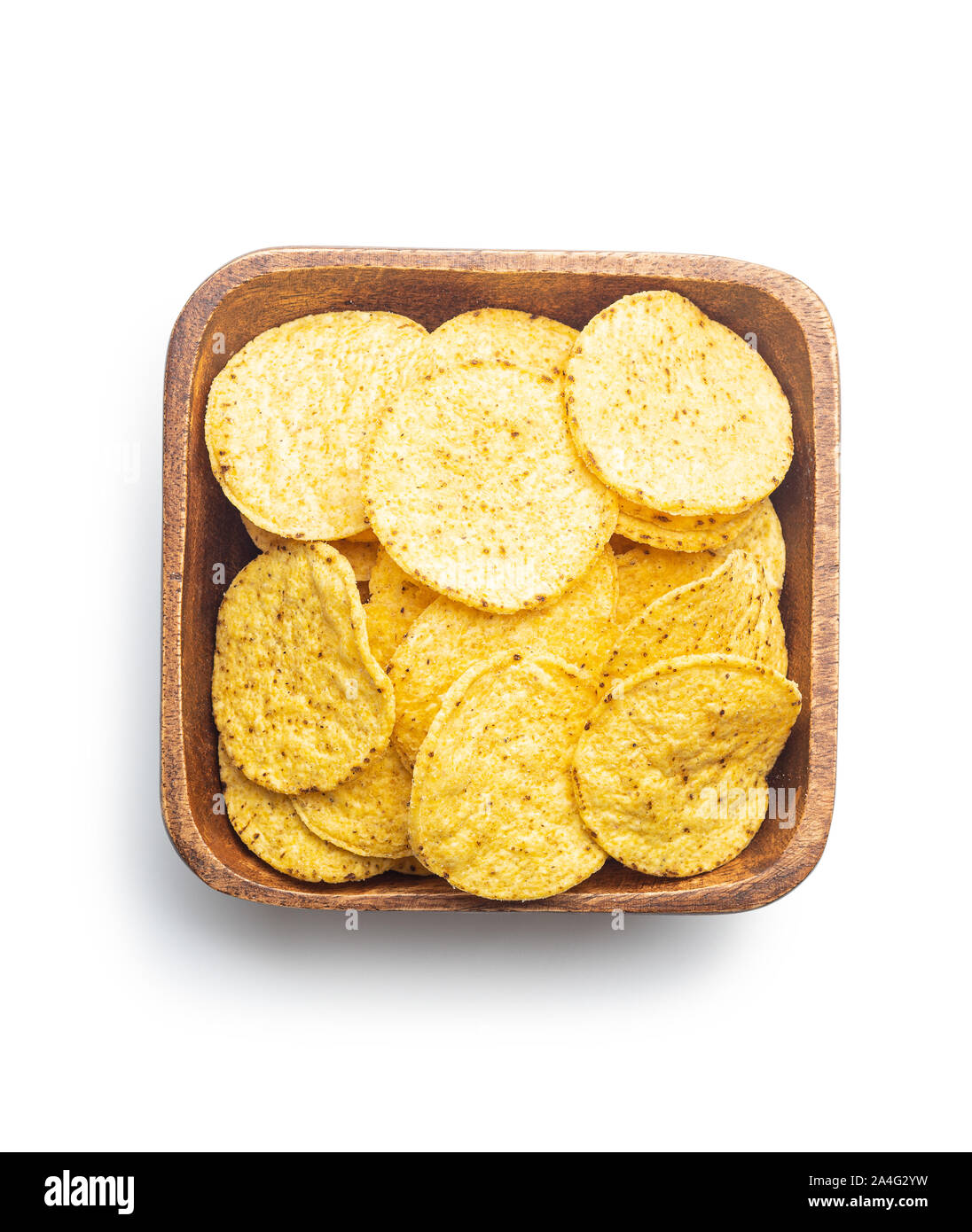 Round nacho chips. Yellow tortilla chips in bowl isolated on white