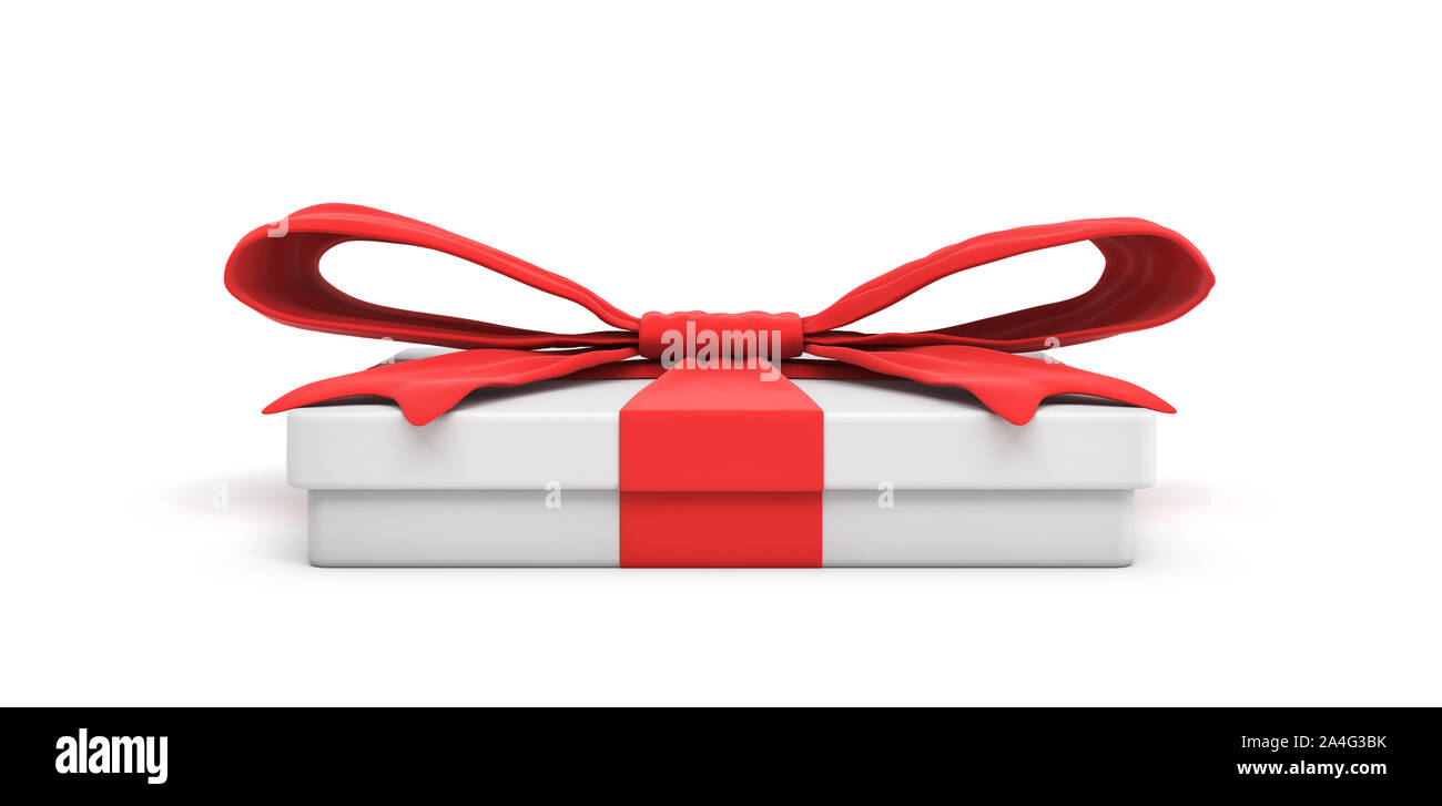 3d rendering of white flat gift box with a red ribbon bow isolated on ...