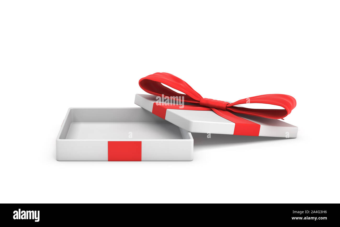 3d rendering of a white flat gift box with a red bow on white ...
