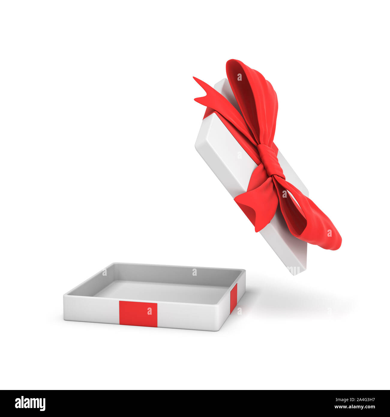3d rendering of a white flat gift box with a red bow on white ...