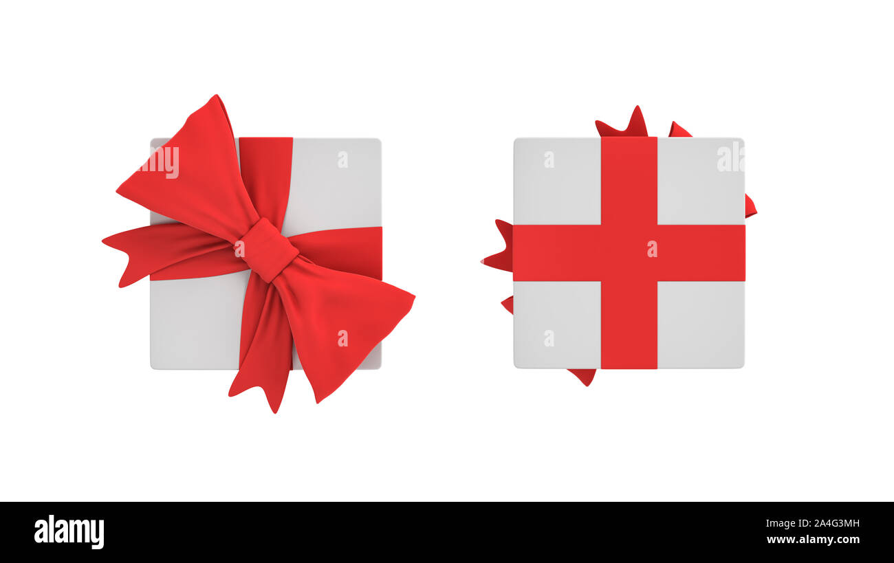 3d rendering of a white square gift box with a red ribbon bow in top ...
