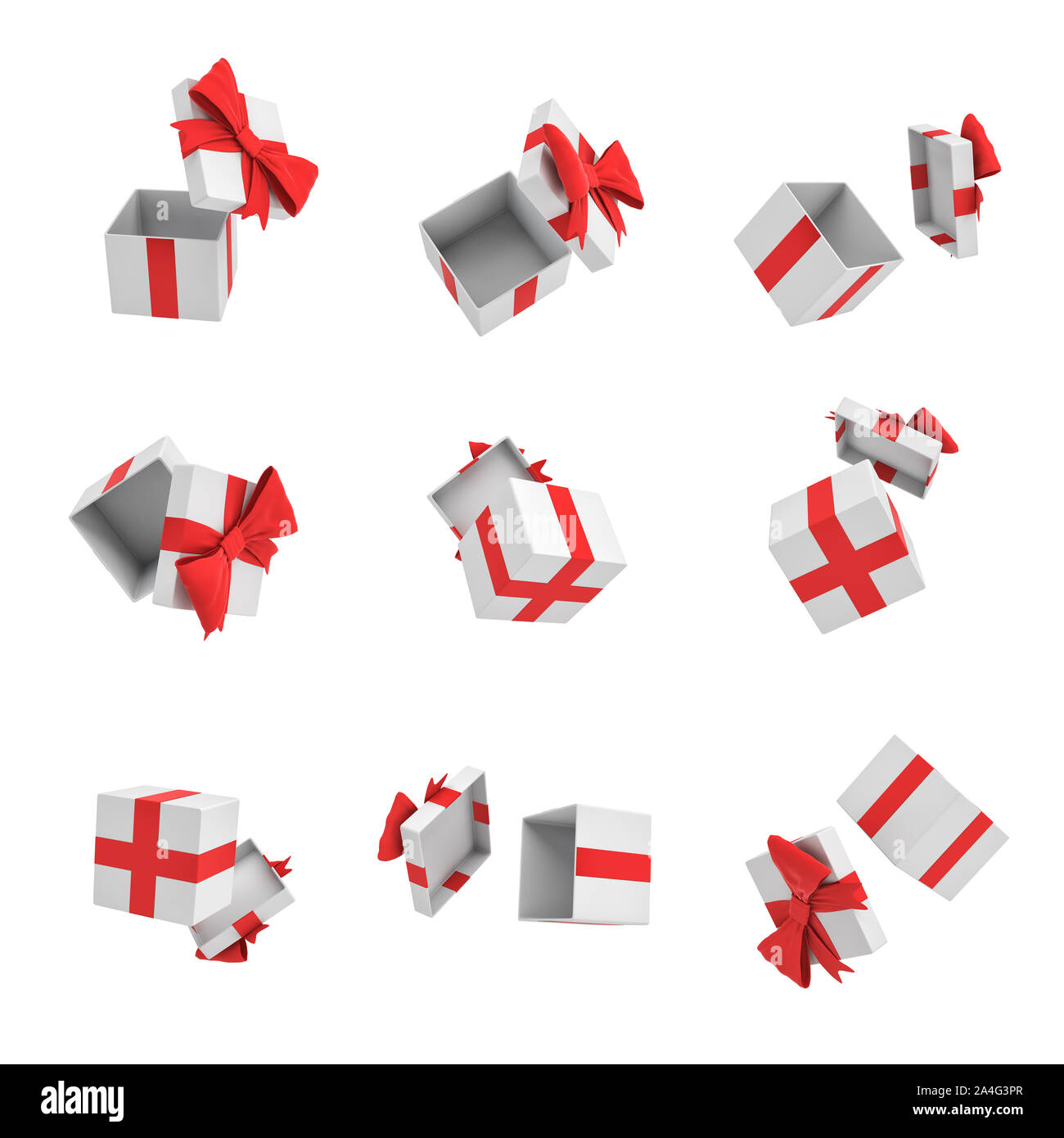 3d rendering of many white gift boxes with open cover and a red bow flying on white background. Promotions and advertisements. Gift template. Birthday Stock Photo