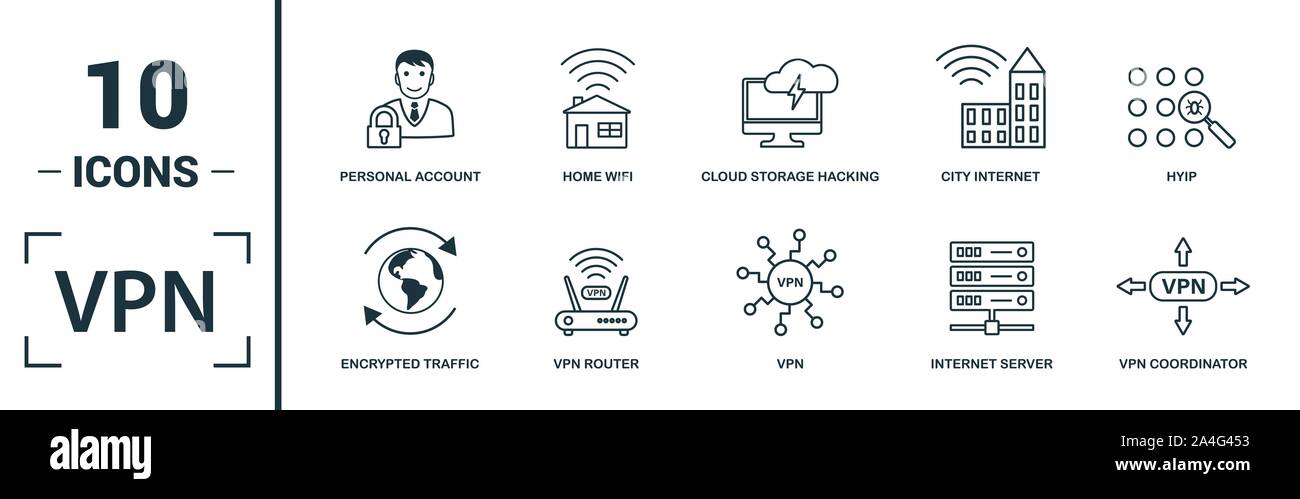 Vpn icon set. Include creative elements , archiving, site security, home server, cloud storage hacking icons. Can be used for report, presentation Stock Vector