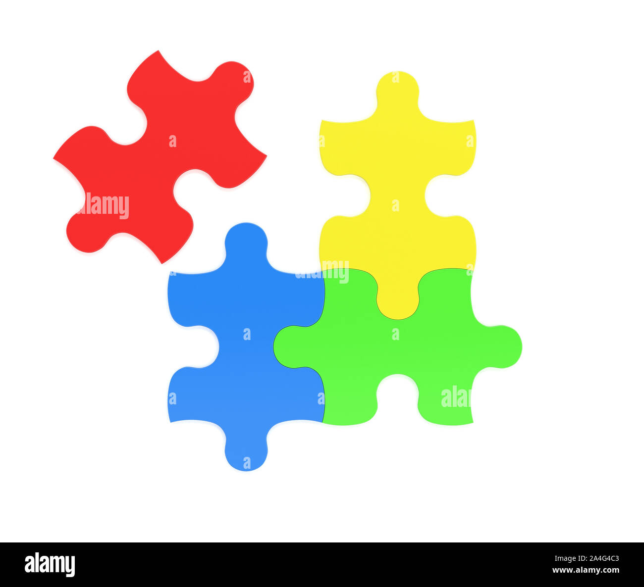 3d rendering of four multicolored puzzle pieces isolated on white  background. Fitting in. Unity. Jigsaw Stock Photo - Alamy