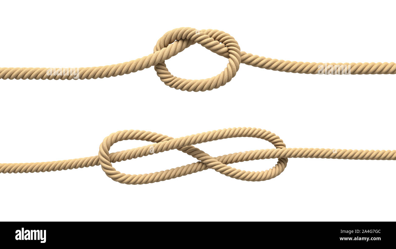 3d rendering of two isolated lines of natural rope with loose knots in their centers. Tying knots. Loose rope. Unreliable lifeline. Stock Photo