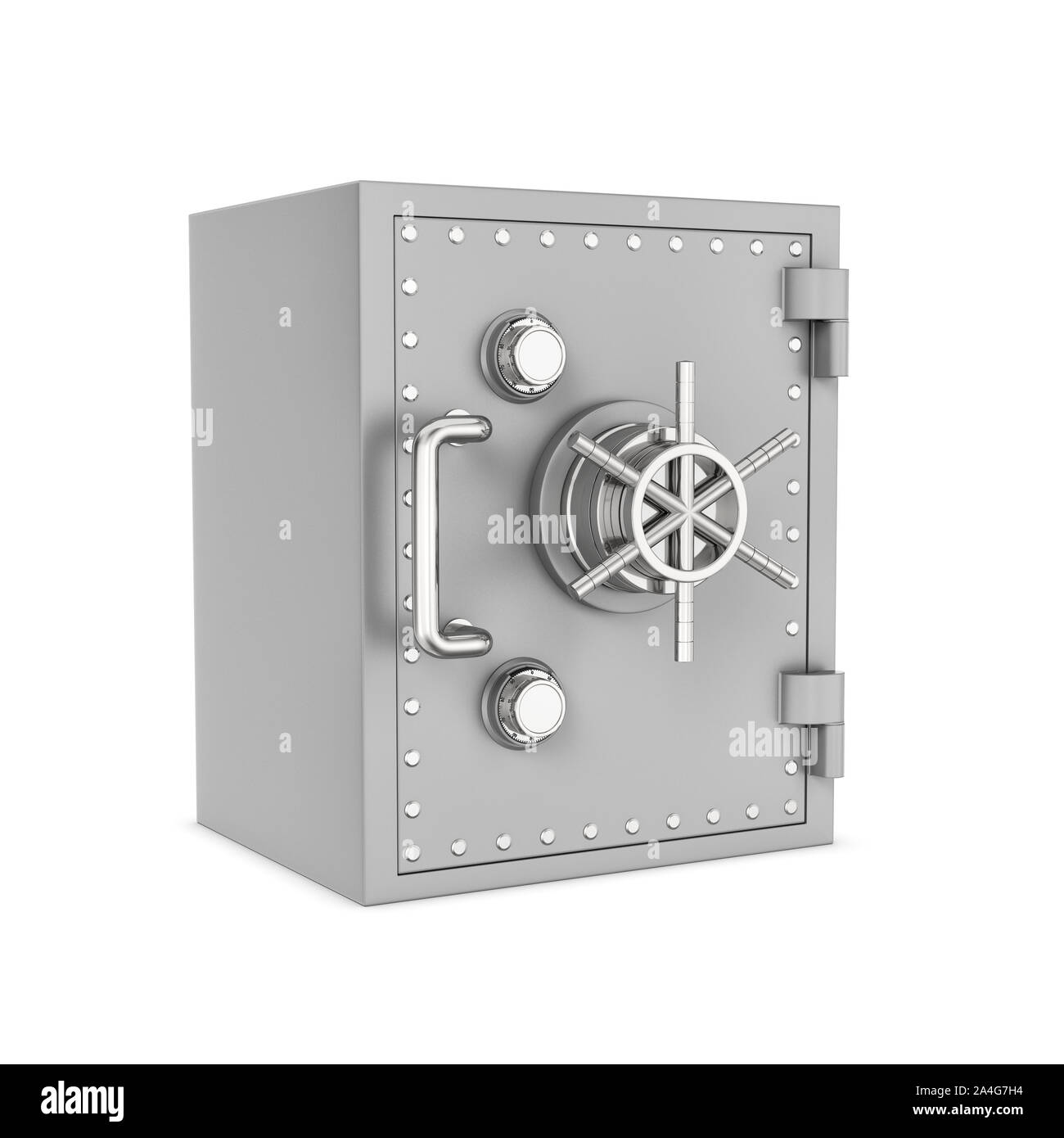 3d rendering of a steel safe box isolated on a white background. Security storage. Bulletproof and fireproof. Keeping money. Stock Photo