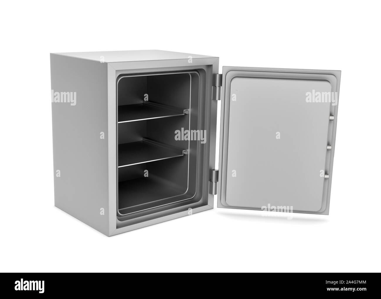 3d rendering of a steel safe box with open door, isolated on a white background. Security storage. Bulletproof and fireproof. Keeping money. Stock Photo