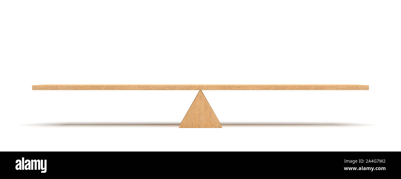 3d rendering of a wooden plank balancing on a wooden triangle isolated on white background. Seesaw and teeter-totter. Equilibrium. Balancing life. Stock Photo