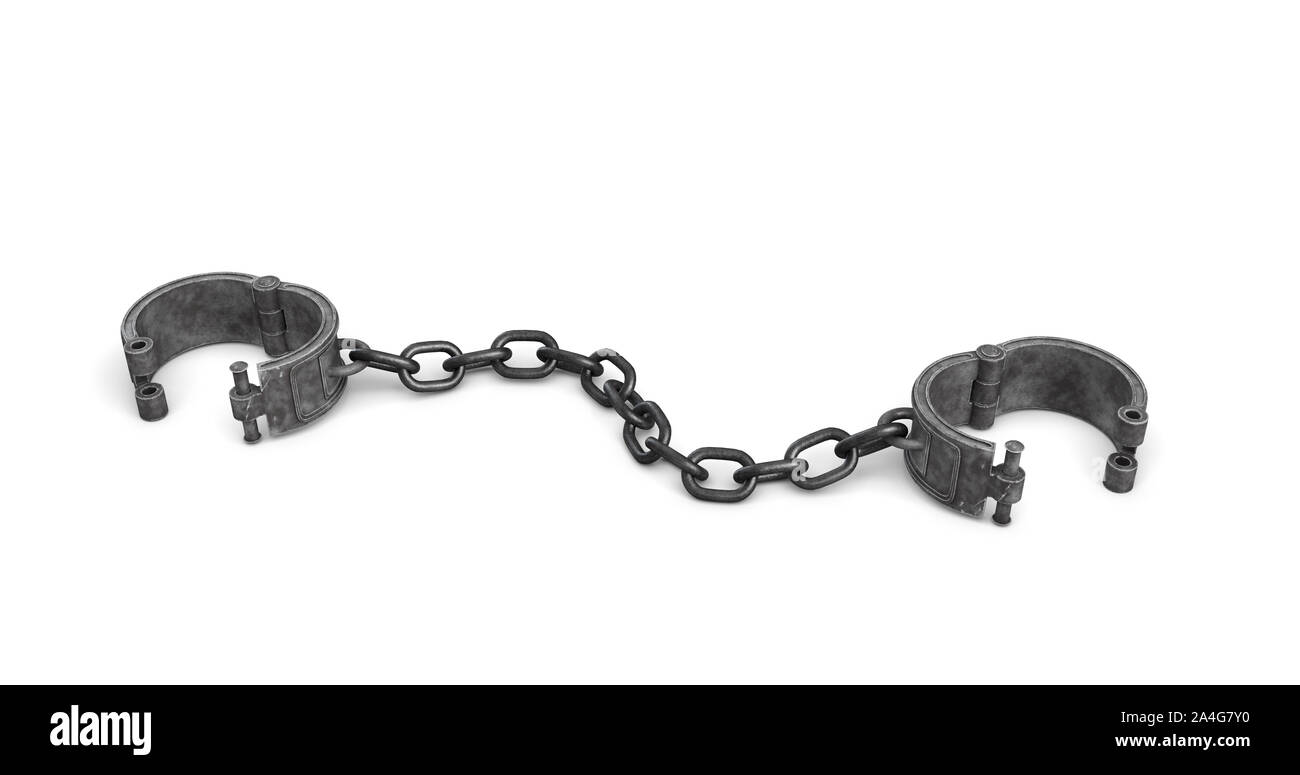 3d rendering of old iron arm shackles on a chain lying open on white background. Loss of restrictions. Fight for freedom. Unleashed force. Stock Photo