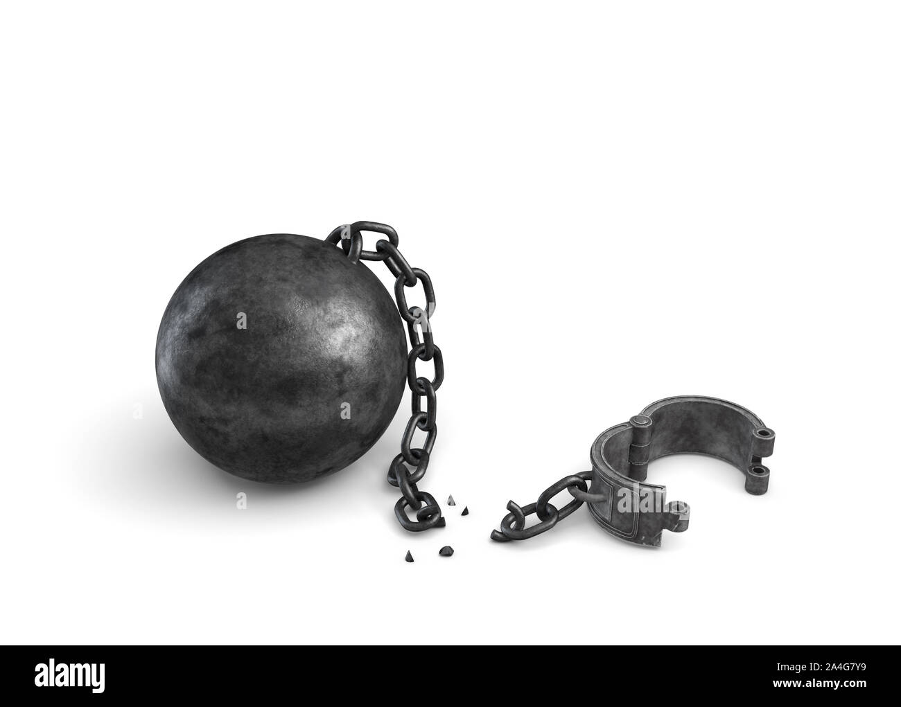 3d rendering of an isolated ball and chain lying broken near a leg shackle. Business boundaries