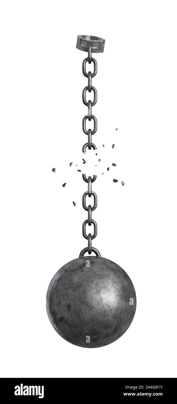 3d rendering of a heavy iron ball hanging below a shackle with a broken chain between them. Loss of restriction. Getting away from everything. Fleeing Stock Photo