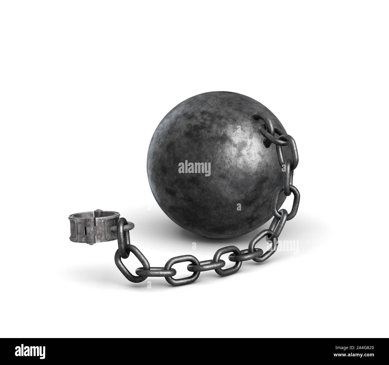 3d rendering of a lying iron ball attached to a shackle with a strong chain. Caught by law. Credit burden. Shackle for unlucky. Stock Photo