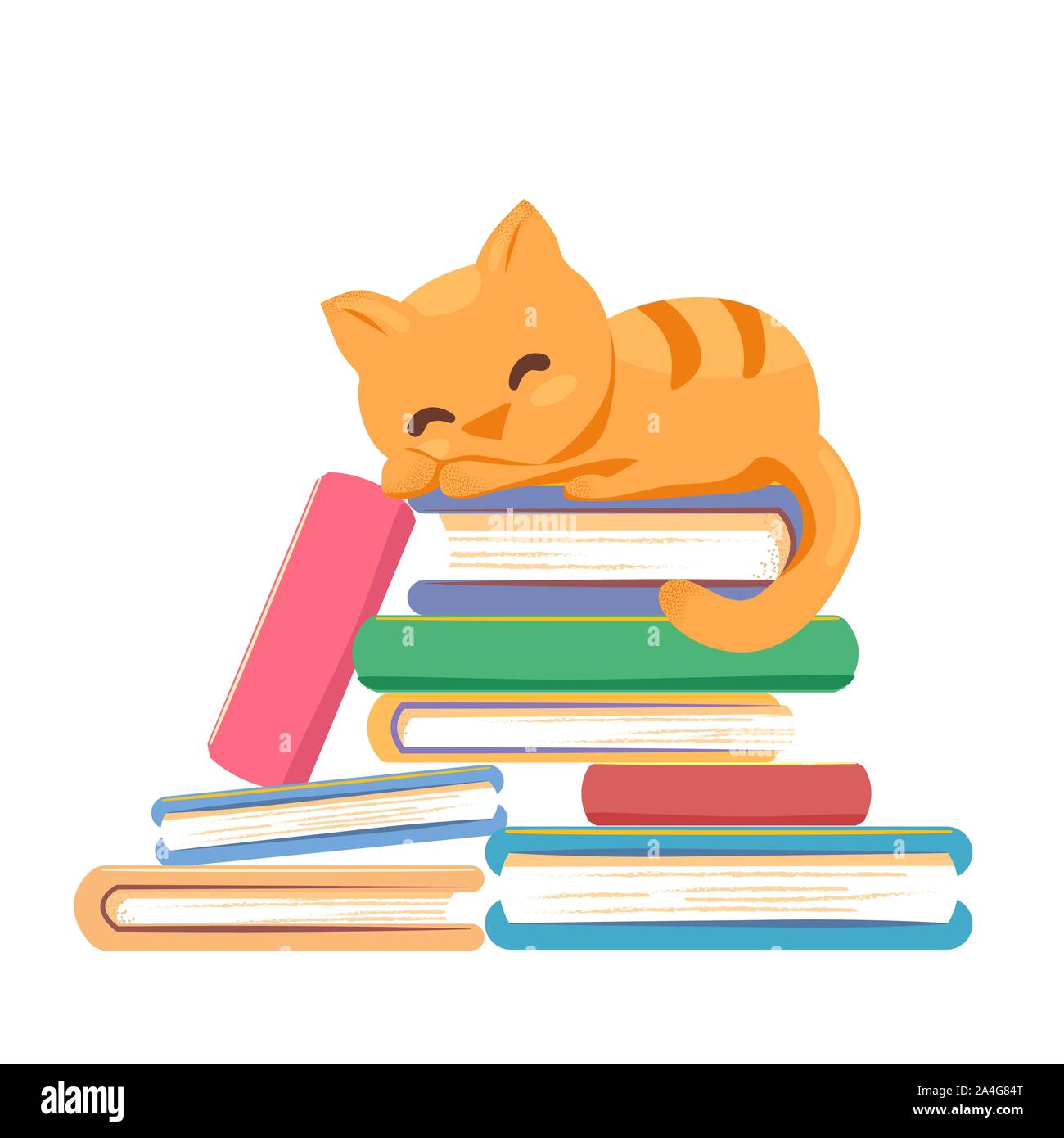 Red cat sleeping stack books on white background. Book library, education literature, knowledge concept. Reading relax banner template. Cute tired kitten card design. Flat vector isolated illustration Stock Vector