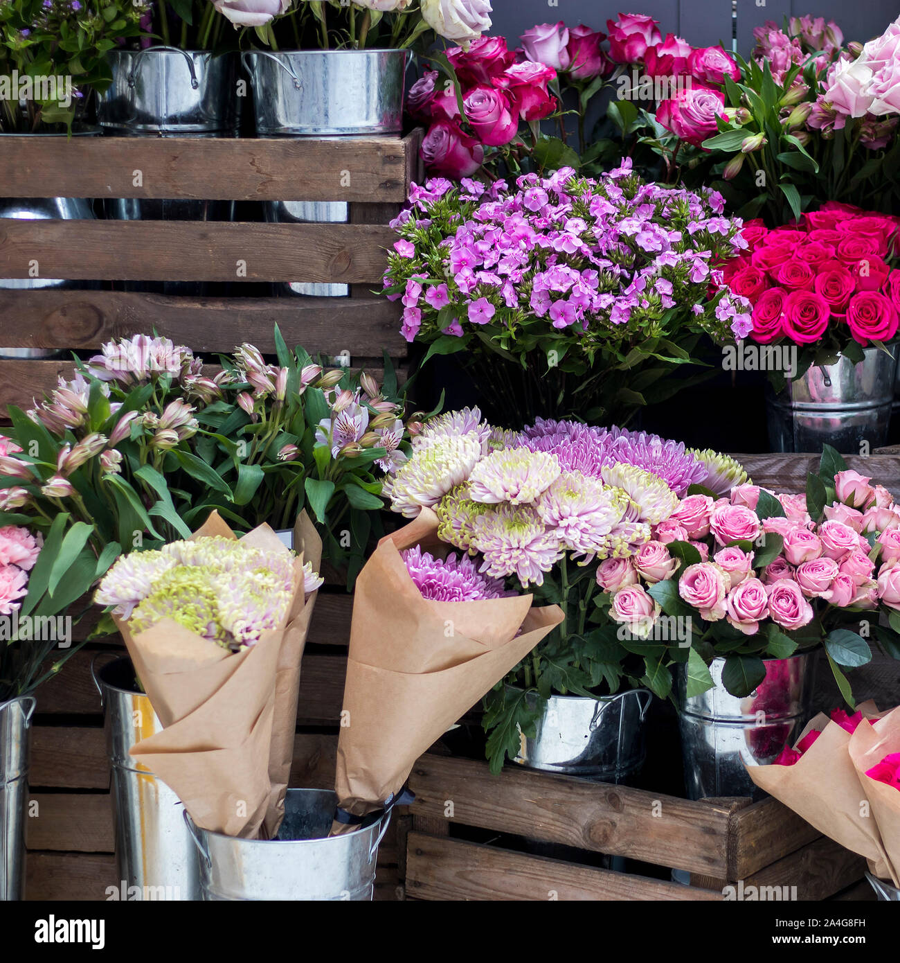 Phlox, chrysanthemum, roses, autumn flowers in wedding bouquets for