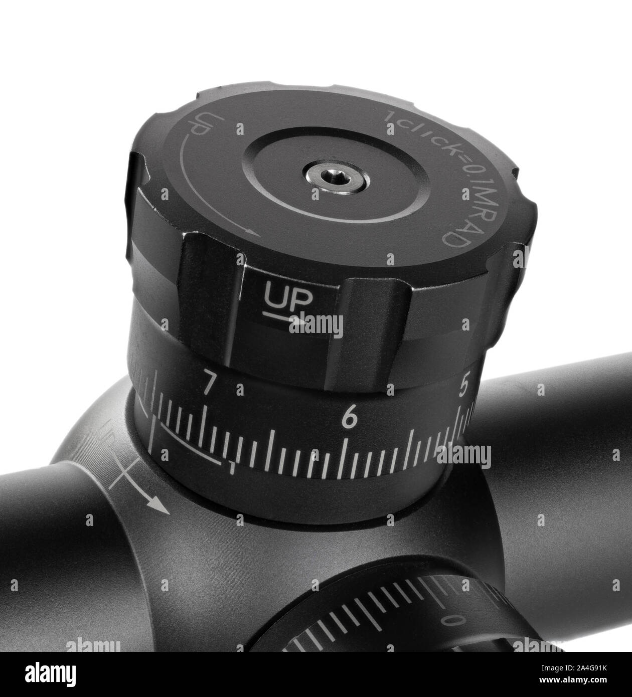 Elevation adjustment dial on a rifle scope isolated on white Stock