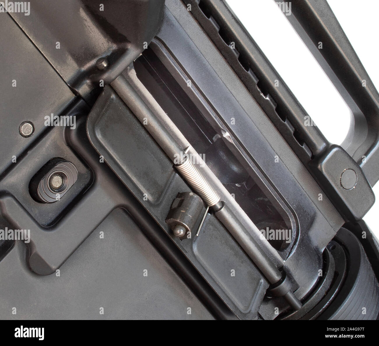 Dust cover open and showing the chamber is empty on an AR15 Stock