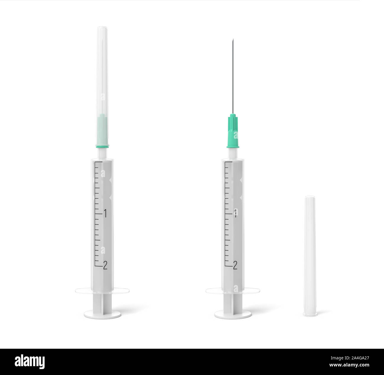 3d rendering of two safety medical syringes with needles isolated on white background. Medicine and health. Healthcare industry. Medical instruments a Stock Photo