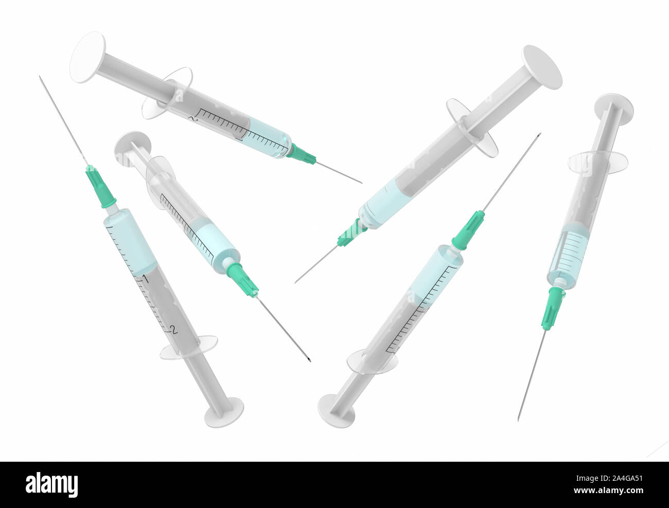 3d rendering set of safety medical syringes with needles isolated on white background. Medicine and health. Healthcare industry. Medical instruments a Stock Photo