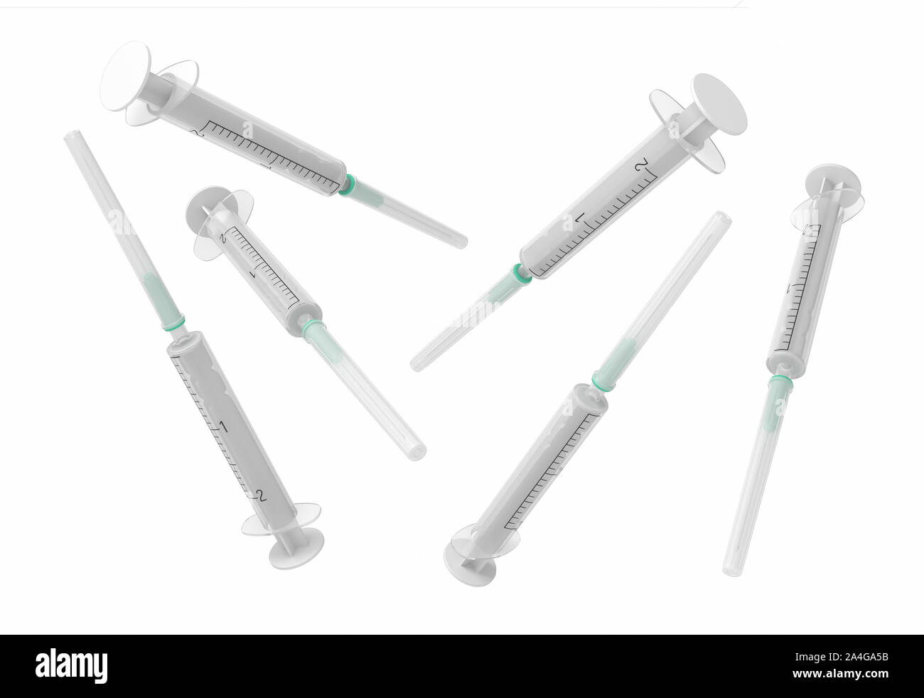 3d rendering set of safety medical syringes with needles isolated on white background. Medicine and health. Healthcare industry. Medical instruments a Stock Photo