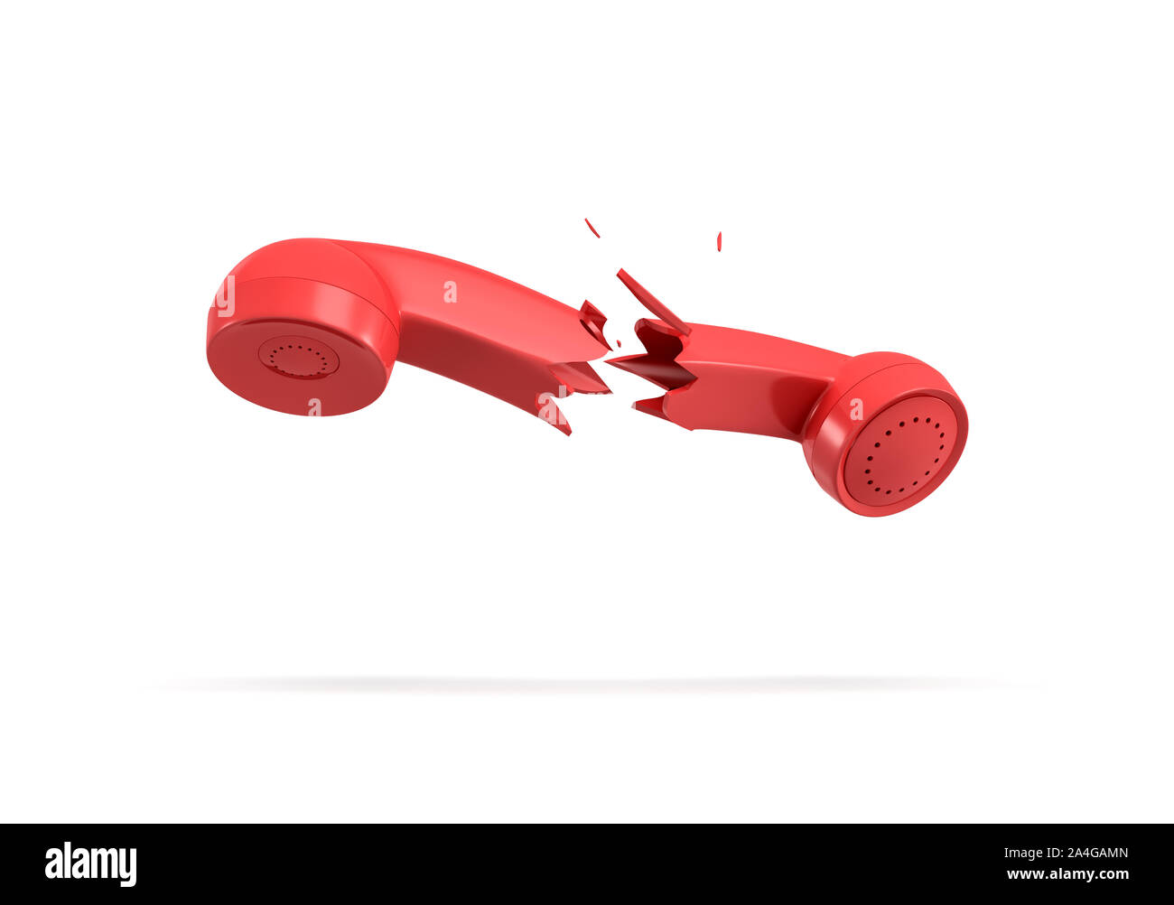 3d rendering of a red retro phone receiver broken in half on a white