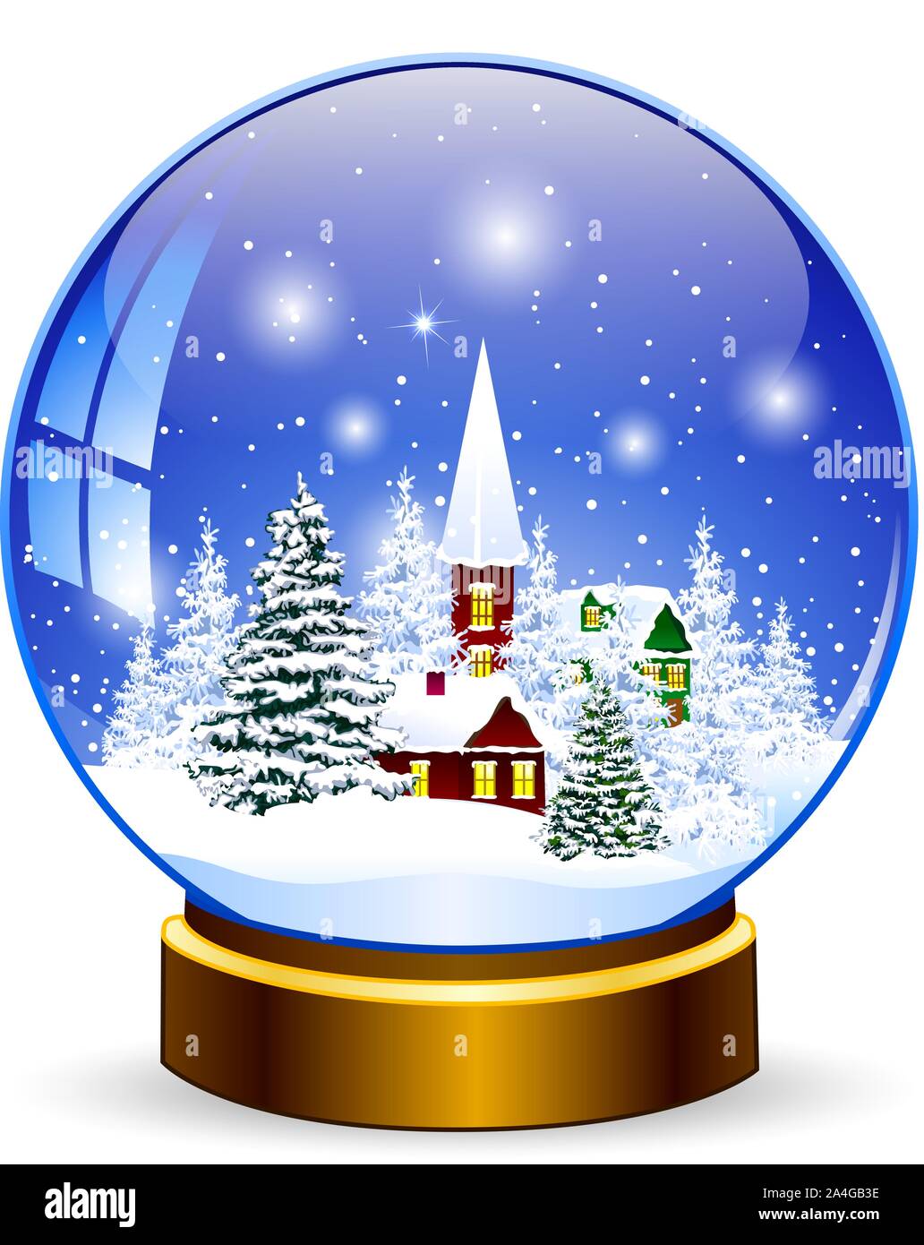 Snow globe. Winter landscape. Snow-covered village in a glass snow globe. Stock Vector