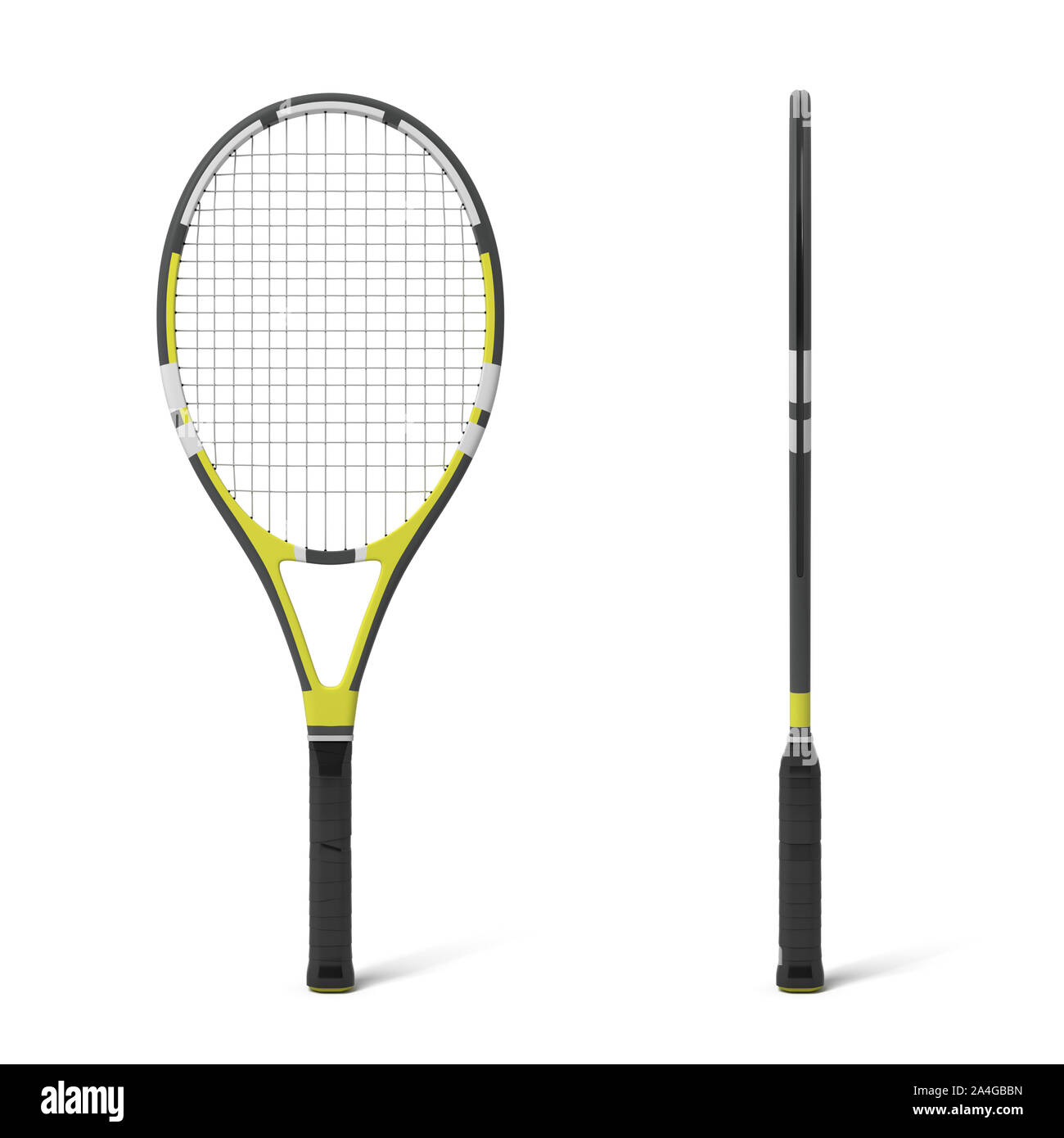 3d rendering of two black and yellow tennis racquets in front and side