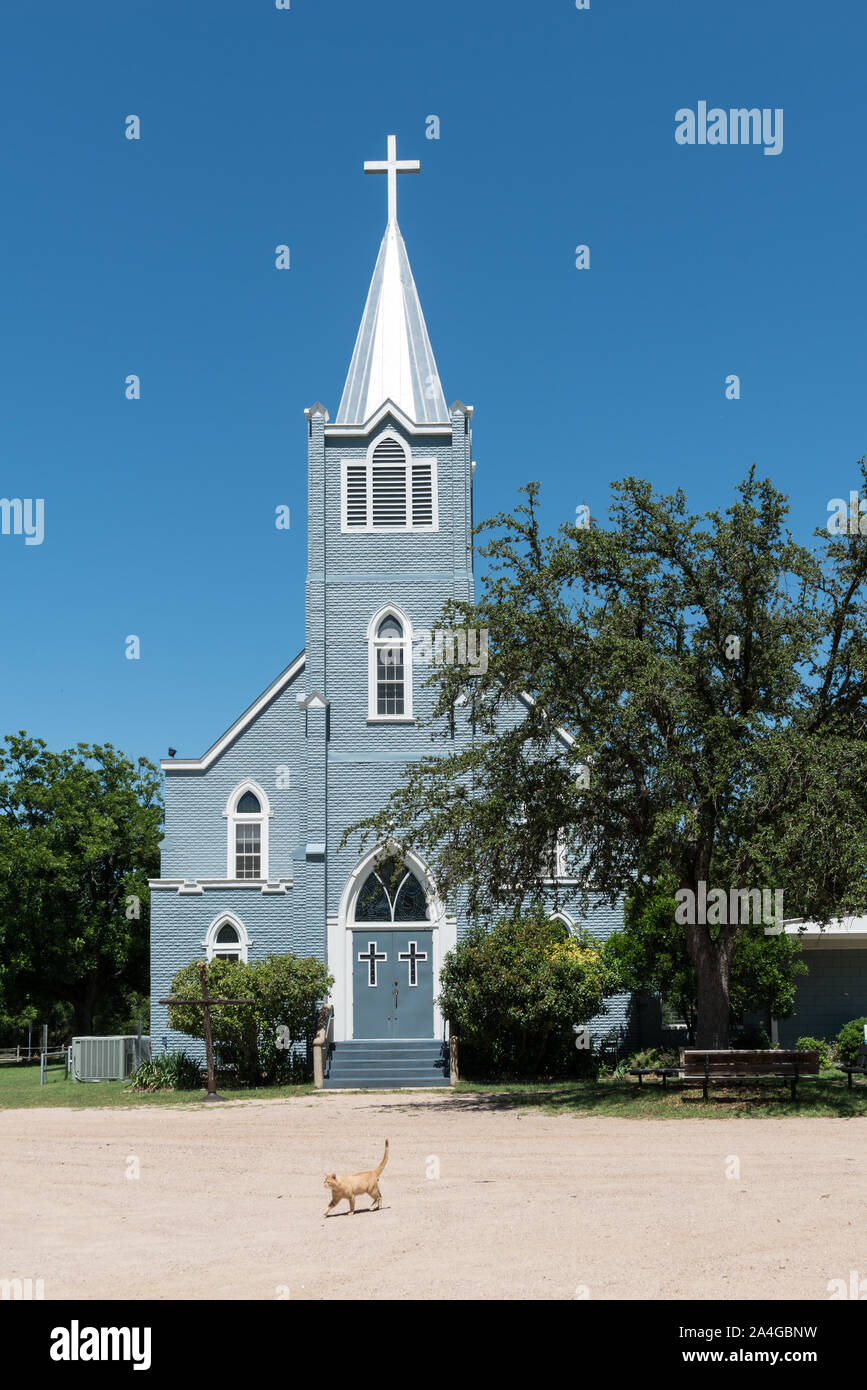 Trinity Lutheran Church, hard by the LBJ Ranch in Stonewall, Texas. President Lyndon B. Johnson and his wife, Lady Bird Johnson, worshipped there when they were at home at the Texas White House Stock Photo