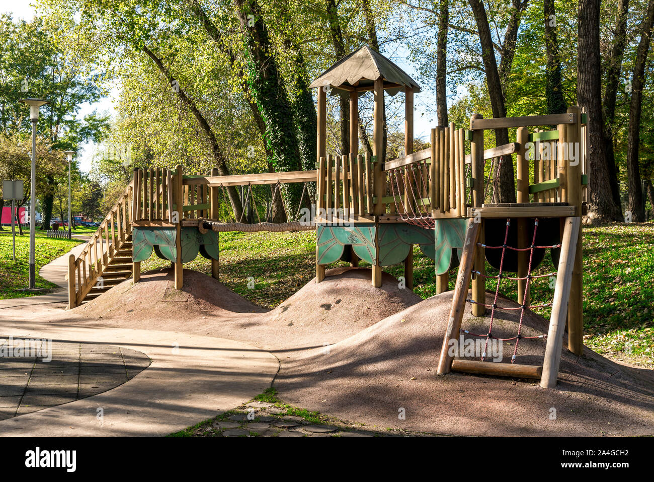 Wooden obstacle course for children in Bundek city park, Zagreb, Croatia Stock Photo