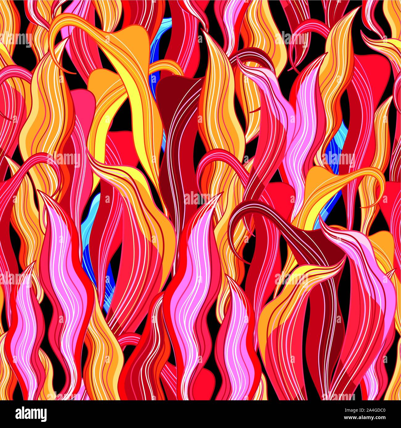 Seamless beautiful fiery multi-colored floral pattern. Design template for wallpaper or fabric. Stock Vector