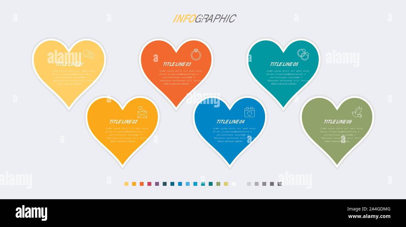Colorful diagram, infographic template. Timeline with 6 hearts. Modular workflow process for love holidays. Vector design. Stock Vector