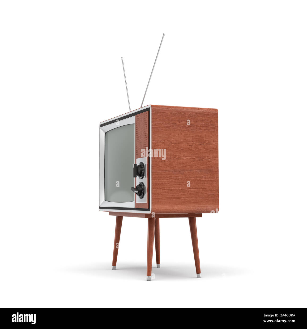 3d rendering of a blank retro TV set with an antenna stands on a low four legged table on white background. Stock Photo