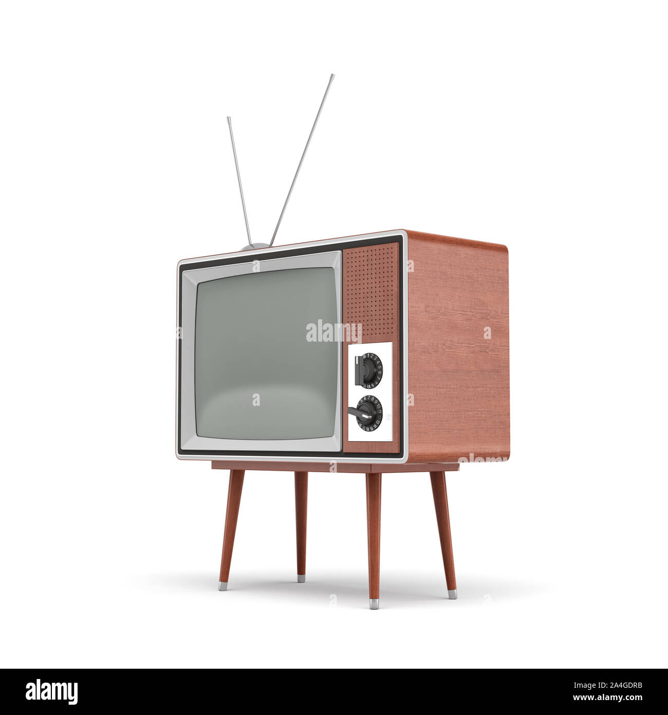 3d rendering of a blank retro TV set with an antenna stands on a low four legged table on white background. Stock Photo