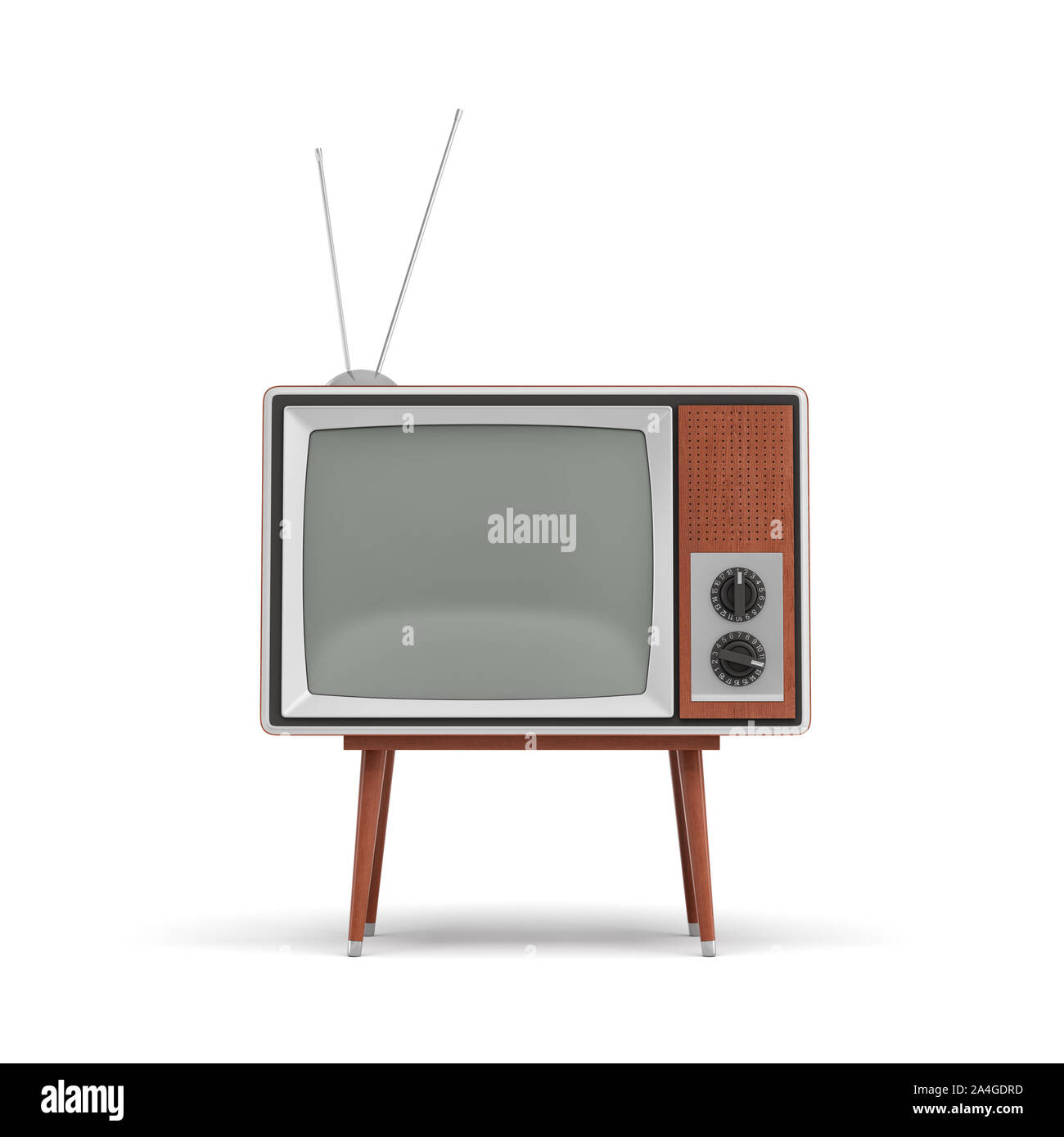 3d rendering of a blank retro TV set with an antenna stands on a low four legged table on white background. Stock Photo
