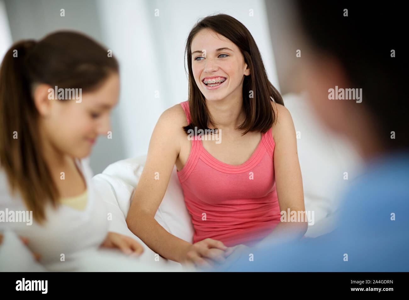 Smiling Teenage Girl Having Fun With Friends Stock Photo Alamy