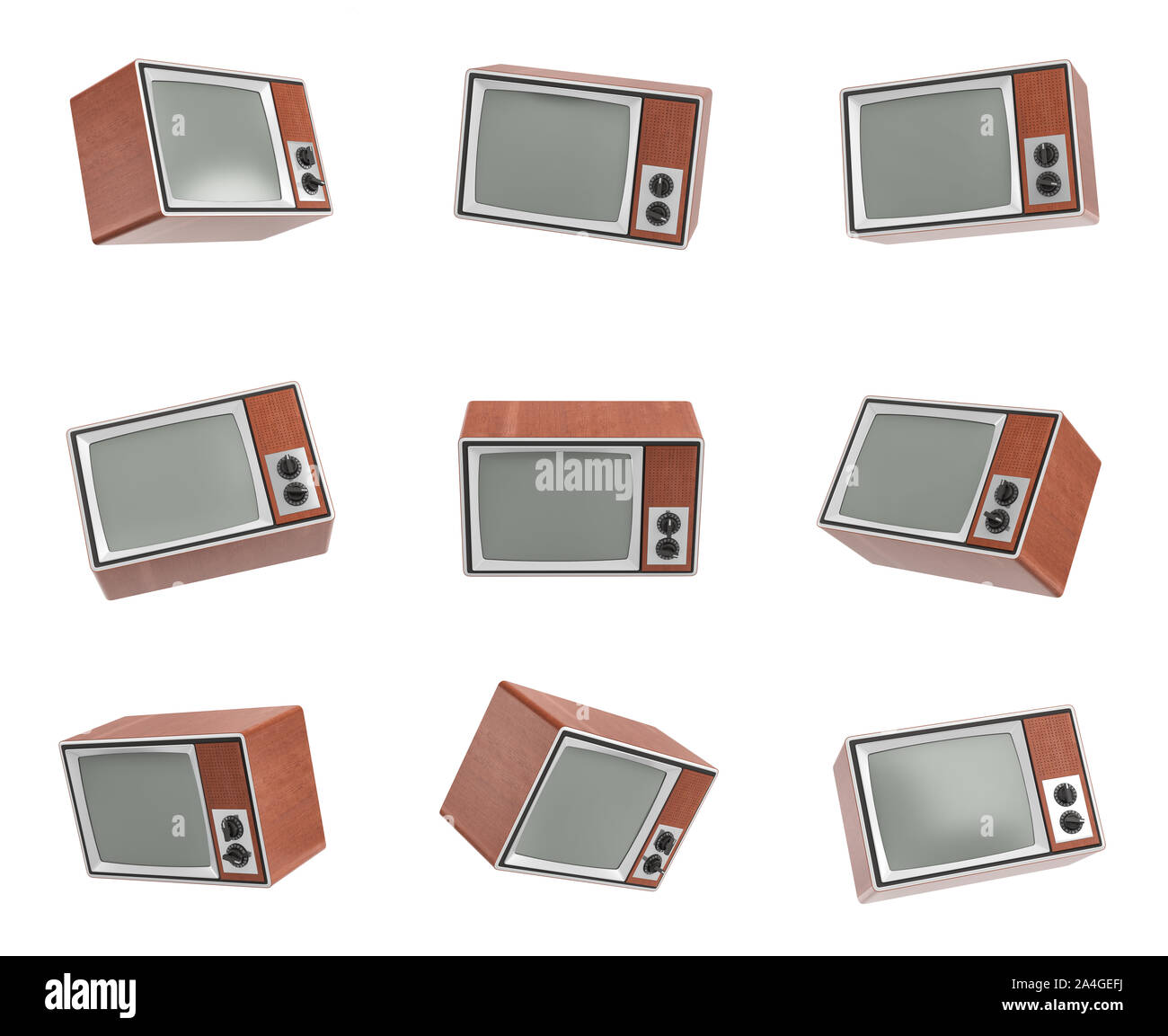 3d rendering of a turned-off retro TV in different angle on white background. Stock Photo