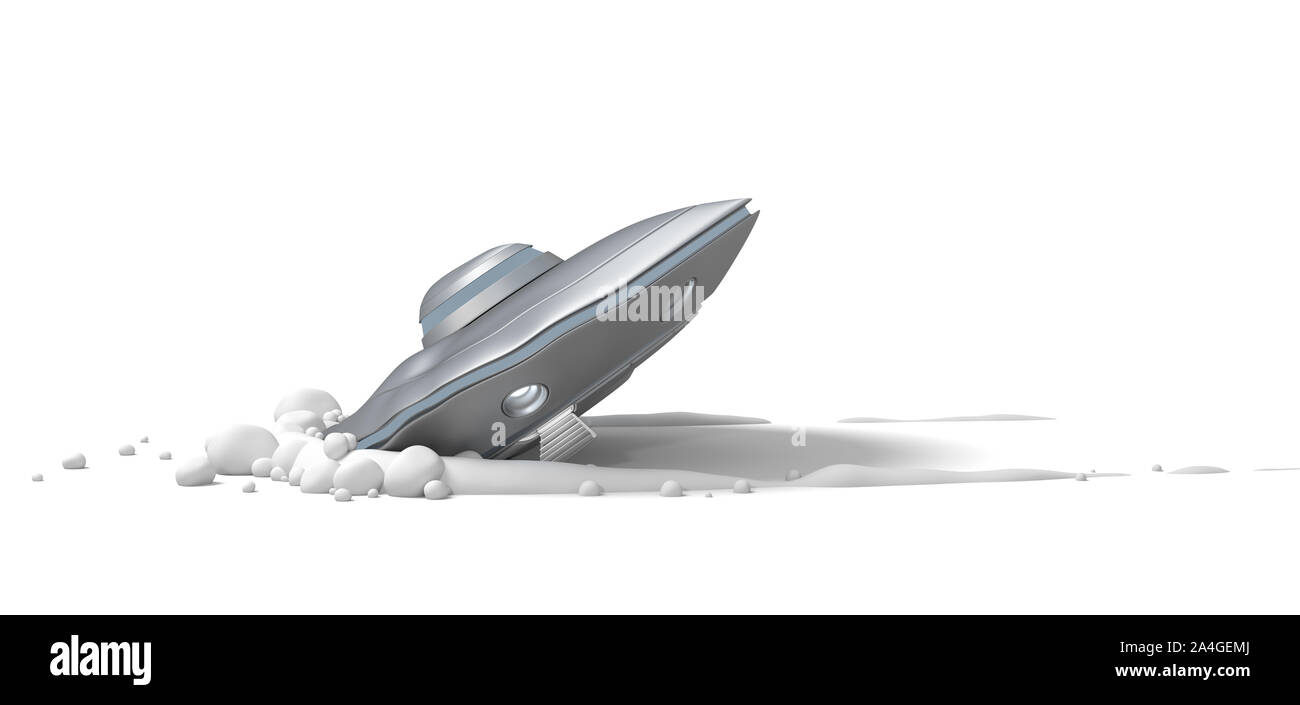 3d rendering of silver metal ufo crash landing isolated on white background Stock Photo