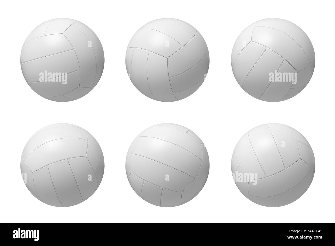 3d rendering of several white volleyball balls hanging on a white background. Stock Photo