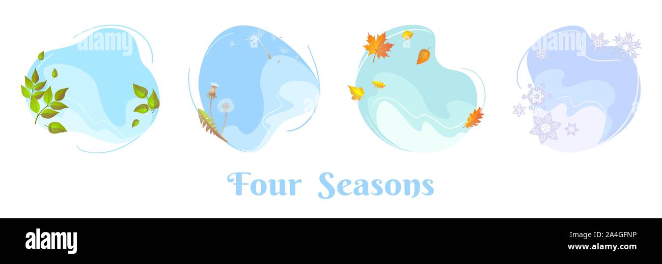 Four seasons sky round concepts. Spring foliage, summer dandelion blowball, autumn fall leaf, winter snowflakes. Flat design template for seasonal sale banner, calendar, poster. Isolated circle frames Stock Vector